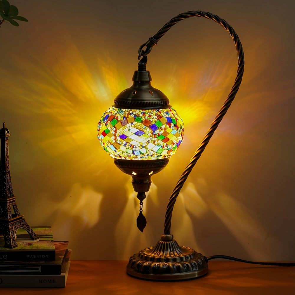 Mosaic Table Lamp Turkish Moroccan Style Handmade Swan Neck Glass Bedside Lamp 3 Color Modes LED Bulb Included Metal Base for Bedroom Living Room