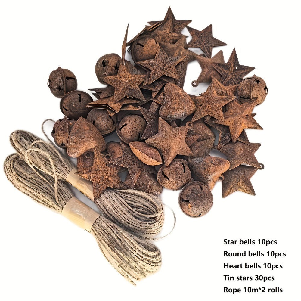Christmas Bells Decorations 62pcs Set ¨C Rustic Iron Jingle Bells with Heart, Star & Round Shapes, Vintage Craft Bells with 2 Rolls of Rope for Christmas Tree, Party & Home Decor DIY Ornaments