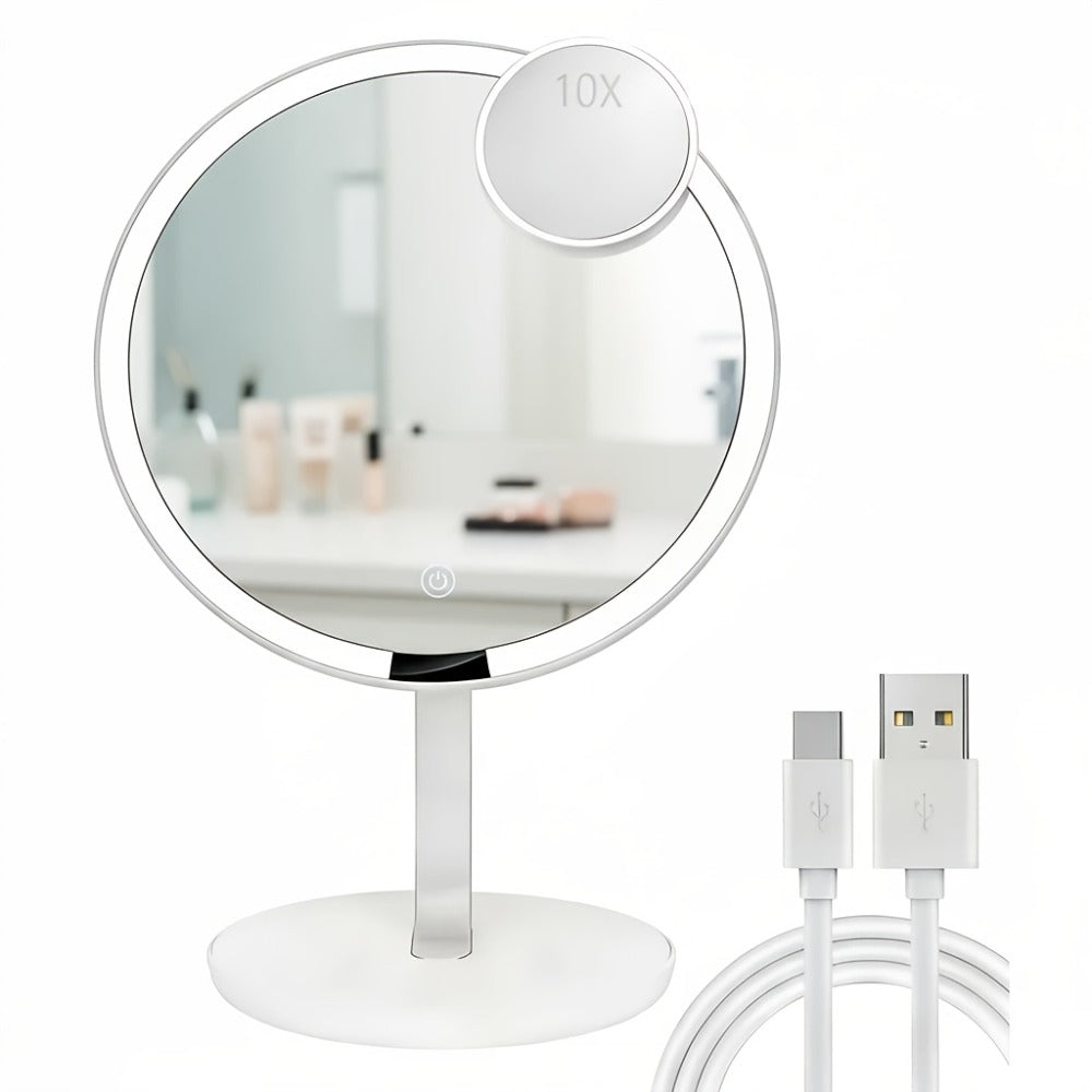 LED Makeup Mirror with Lights & 10X Magnification - Touch Dimming Desktop Vanity Mirror, Adjustable Brightness, Portable Handheld Design for Bathroom, Bedroom & Office, Ideal Gift for Women