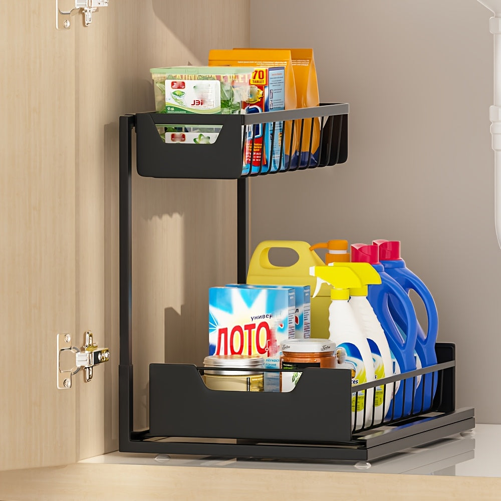 Under Sink Organizer 2-Tier Sliding Pull-Out Metal Rack Cabinet Storage for Kitchen Bathroom Refrigerator Adjustable Shelf Organizer in Black White Gray