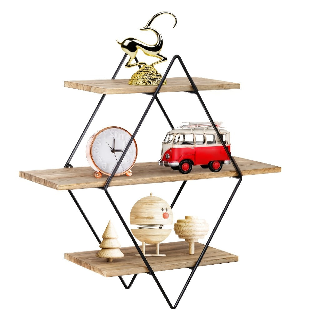 Geometric Diamond Wall Shelf 3-Tier Metal Wire & Wood Floating Shelves | Industrial Style Display Shelf for Living Room Kitchen Bedroom