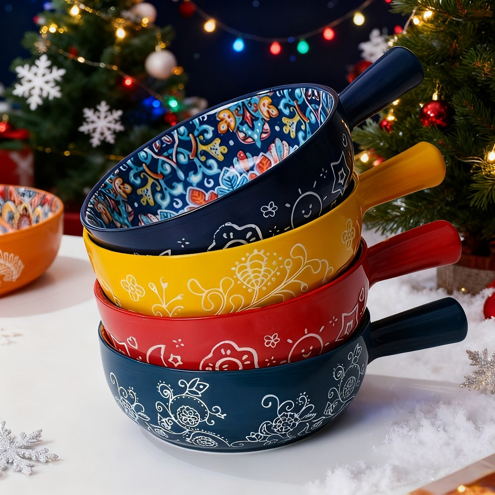 Ceramic Salad Bowl Set of 4 Bohemian Style 8.7 Inch with Handles Microwave and Oven Safe Colorful Serving Bowls for Home Baking Table Serving Gift