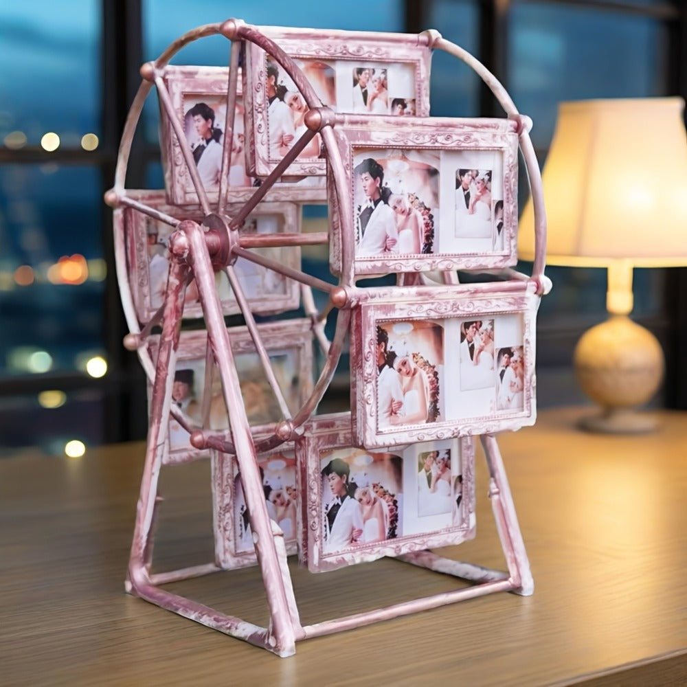 Rotating Ferris Wheel Photo Frame - Holds 8 Photos 4 inch - Vintage Spinning Picture Display Stand for Desk, Living Room & Bedroom - Unique Gift for Valentine's Day, Birthday & Christmas