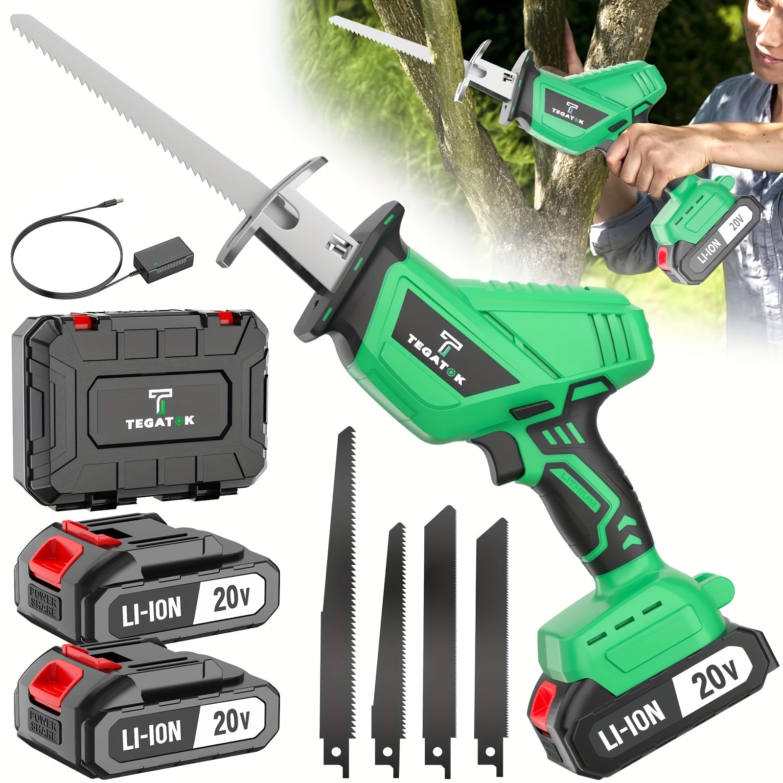 Electric Reciprocating Saw Cordless with LED Light & Safety Lock ¨C Multi-Purpose Cutting Tool with Replaceable Blades, 1 or 2 Battery Options, Carrying Case Included