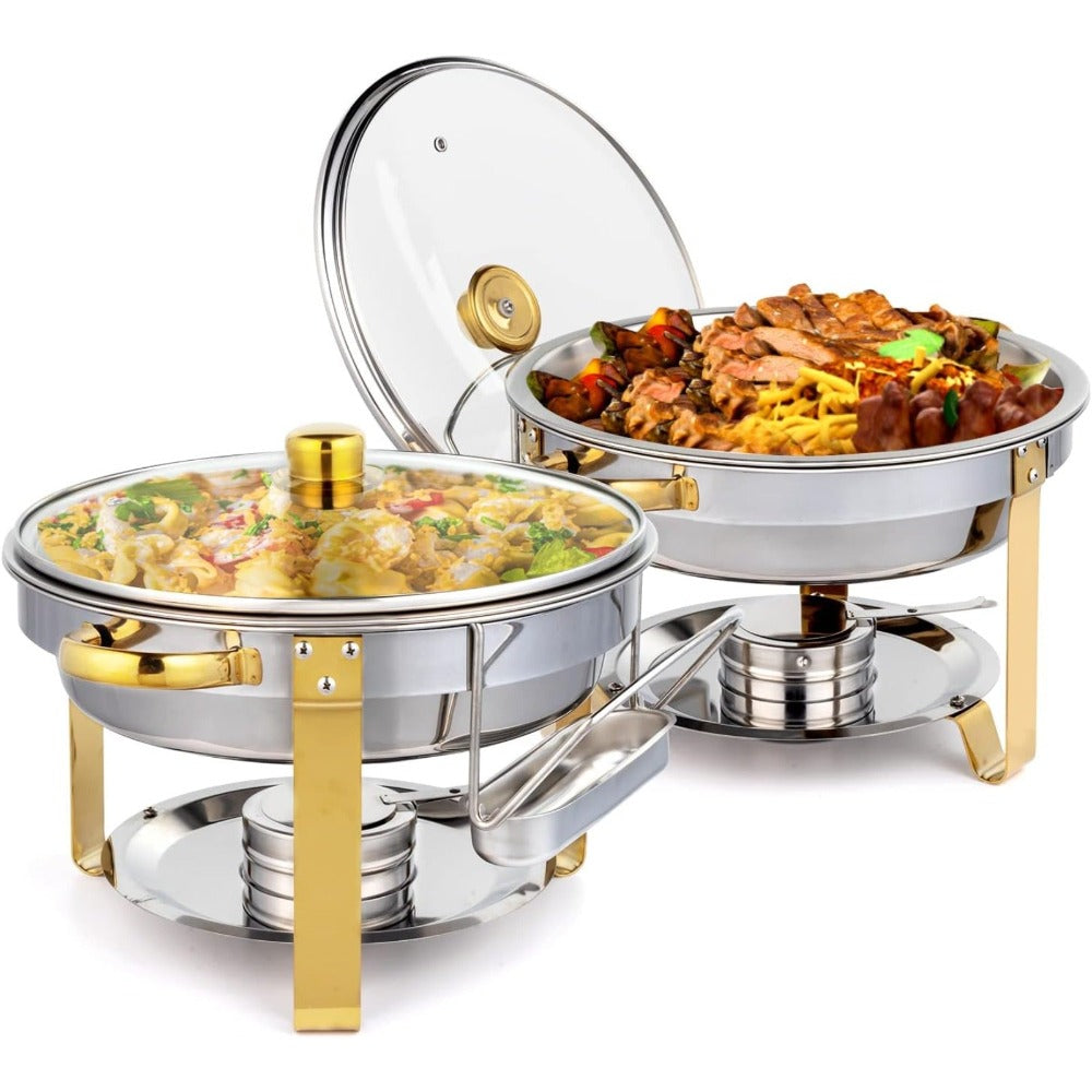 Stainless Steel Chafing Dish Set Buffet Warmer with Food Trays Water Trays Fuel Holders Mirror Finish Gold Handles Commercial Catering Buffet Server