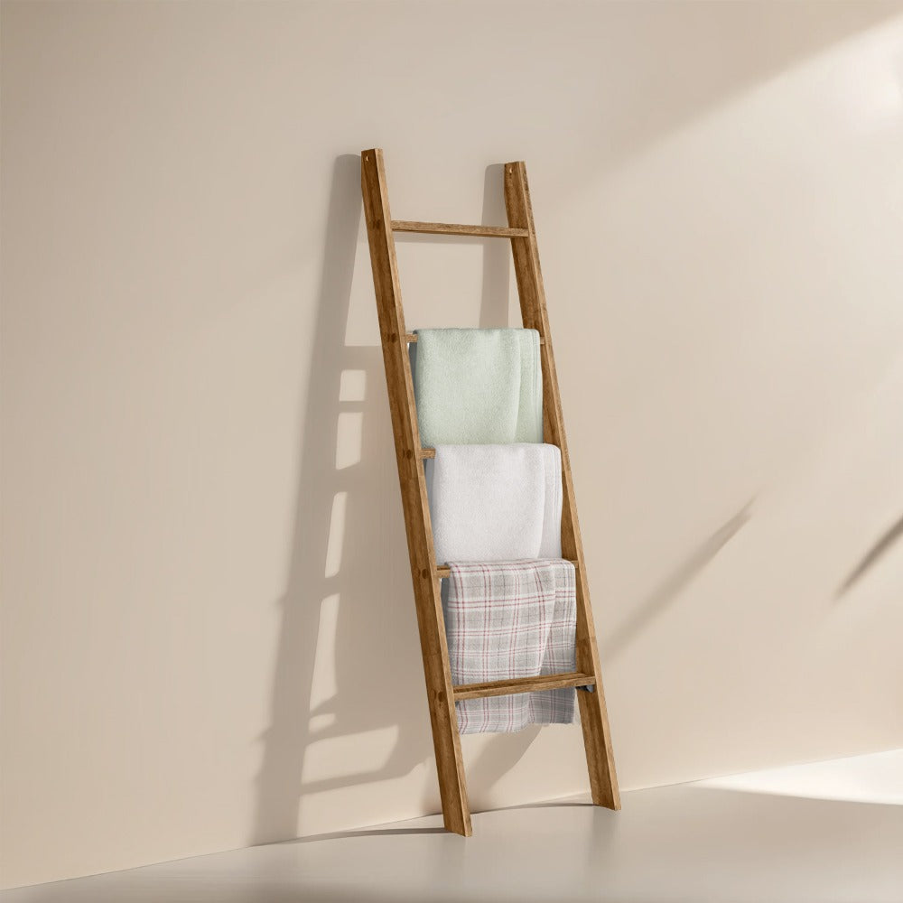 Blanket Ladder Shelf 5-Tier Freestanding Wood Ladder Rack for Blankets Towels Books Decor, Modern Farmhouse Ladder Shelf Wall Leaning Storage Organizer for Living Room Bedroom, 4 Colors