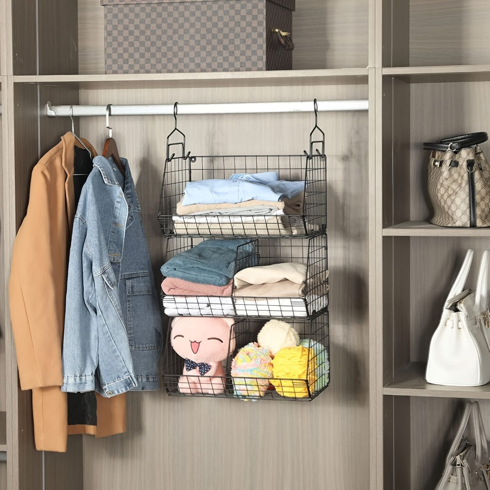 Hanging Laundry Basket Organizer 3pcs - Foldable Laundry Bag with 360¡ã Rotating Hook for Washing Machine & Drying Rack, Space Saving Metal Mesh Laundry Hamper for Bathroom, Laundry Room | Black & White