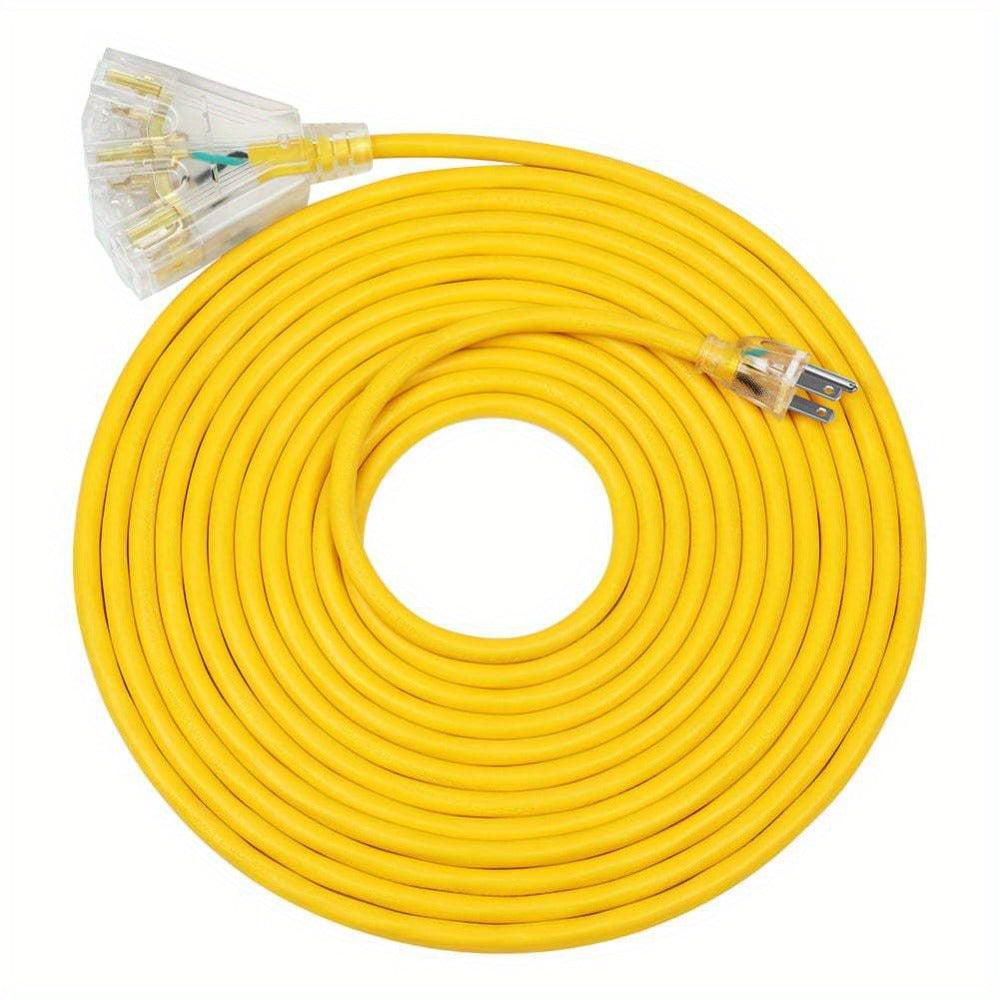 Extension Cord 25FT Heavy Duty Outdoor Indoor 14/3 SJTW Yellow 3-Outlet Tri-Tap Splitter with LED Lighted Plug 15A 1875W Grounded Power Cord for Workshop Garage Job Site Construction