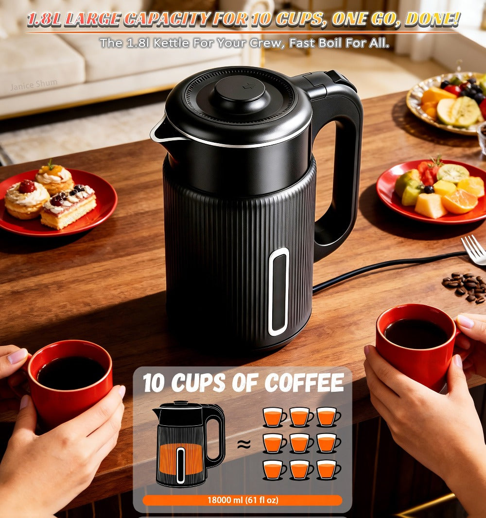 Electric Kettle 1000W Double Wall Stainless Steel ¨C 57.48oz 304 SS Hot Water Kettle with 360¡ã Rotary Base, LED Light, Auto Shut-Off & Boil-Dry Protection, Instant Water Warmer for Coffee & Tea ¨C Black