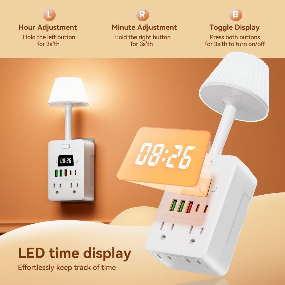 Power Strip Extender with Digital Clock & Desk Lamp ¨C 4 AC Outlets, 3 USB & 2 Type-C Ports, One-Touch On/Off, Overload Protector | Multi-Function Surge Protector for Home, Office, Dorm & School