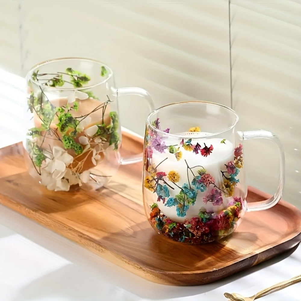 Double Wall Glass Coffee Cups with Handle Set of 4 ¨C Borosilicate Thermal Mugs for Latte Cappuccino Tea | Dried Flower & Petal Design Transparent Drinkware for Office Home Gifts
