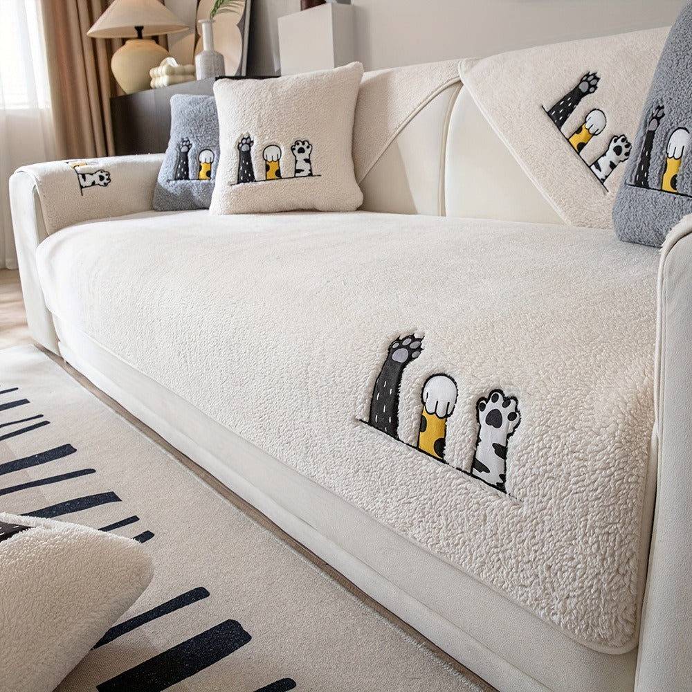 Sherpa Sofa Cover Cat Paw Embroidered Thick Plush Couch Slipcover Non-Slip Seat Cushion Protector Pet-Friendly Machine Washable Furniture Cover for Living Room Home Decor