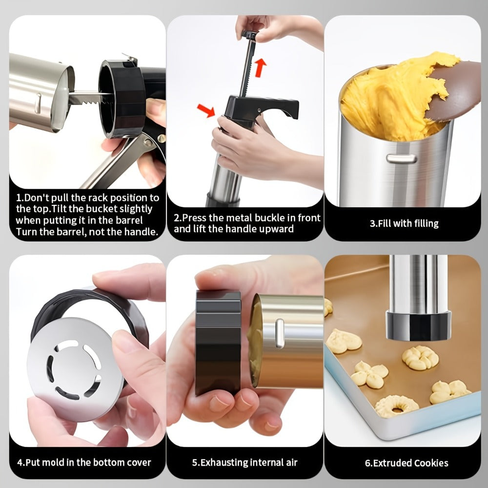 Cookie Press Set 8 Piece Stainless Steel Manual Churro Maker Flower Cookie Mold Baking Tool Set for Christmas Cookies Biscuit Decorating No Electricity Needed
