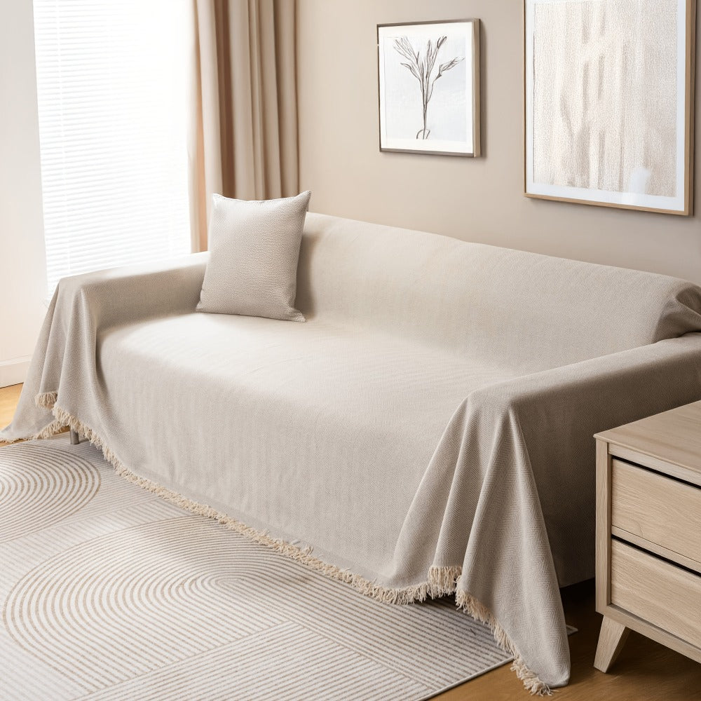 Couch Cover Throw Chenille Fringe Extra Large - Pet Friendly Scratch Proof Non-Slip Washable Polyester Sofa Protector | 3 Seat 71x102in 4 Seat 71x134in | Beige Gray Brown | Living Room Multipurpose