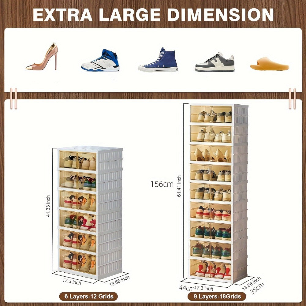 Shoe Rack Organizer 9-Tier, Collapsible Clear Plastic Foldable Stackable Shoe Cabinet with Shelves & Doors ¡ª No Assembly, Space-Saving Narrow Storage for Hallway, Apartment & Small Spaces