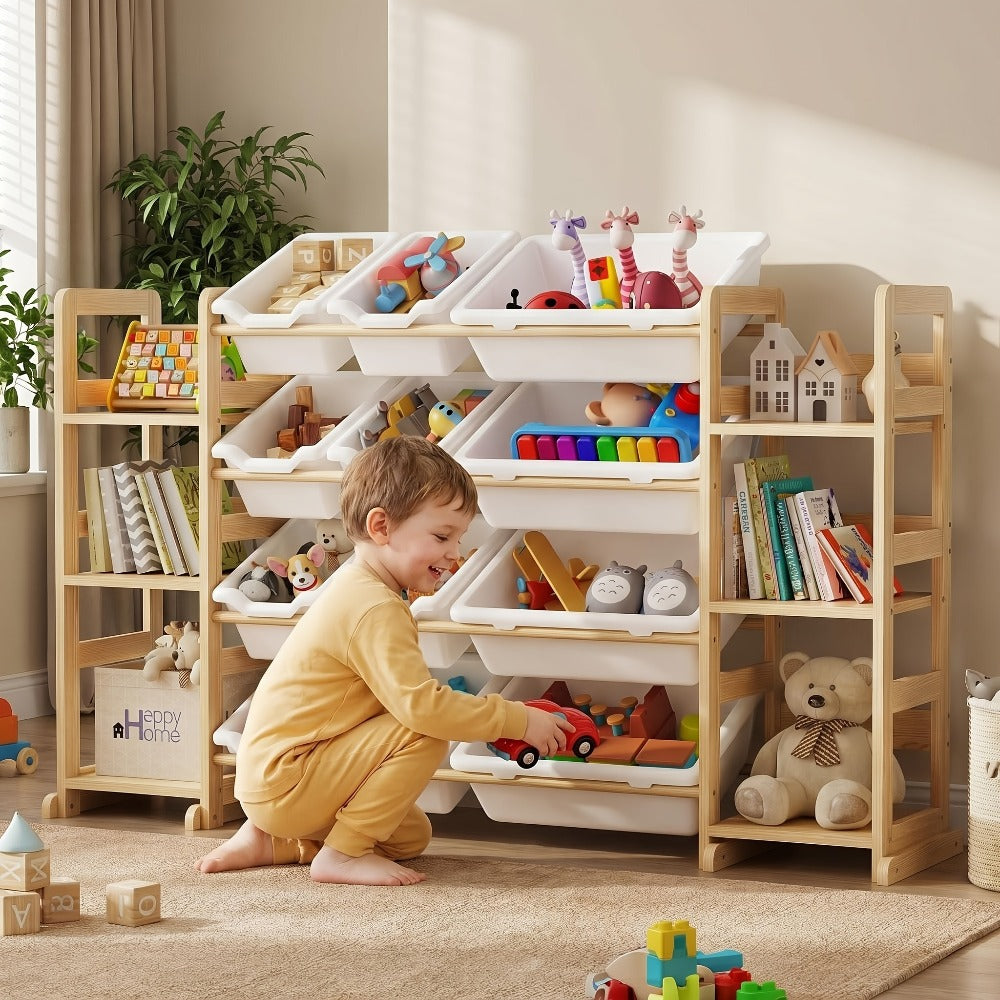 Kids Storage Organizer with 12 Bins and Bookshelf - Wooden Toy Chest Cubby Unit for Playroom Bedroom, Large Capacity Shelf for Books Stuffed Animals Toys, Easy Assembly Natural Wood Furniture 52x31.7 Inch