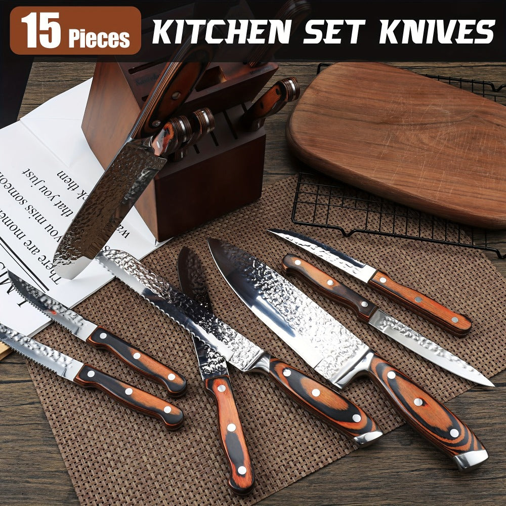 Kitchen Knife Set 15-Piece & 20-Piece Professional Chef Knives with Block Sharpener Ultra-Sharp Medium Carbon Stainless Steel Hammered Blade Wooden Handle Dishwasher Safe Gift for Men & Family