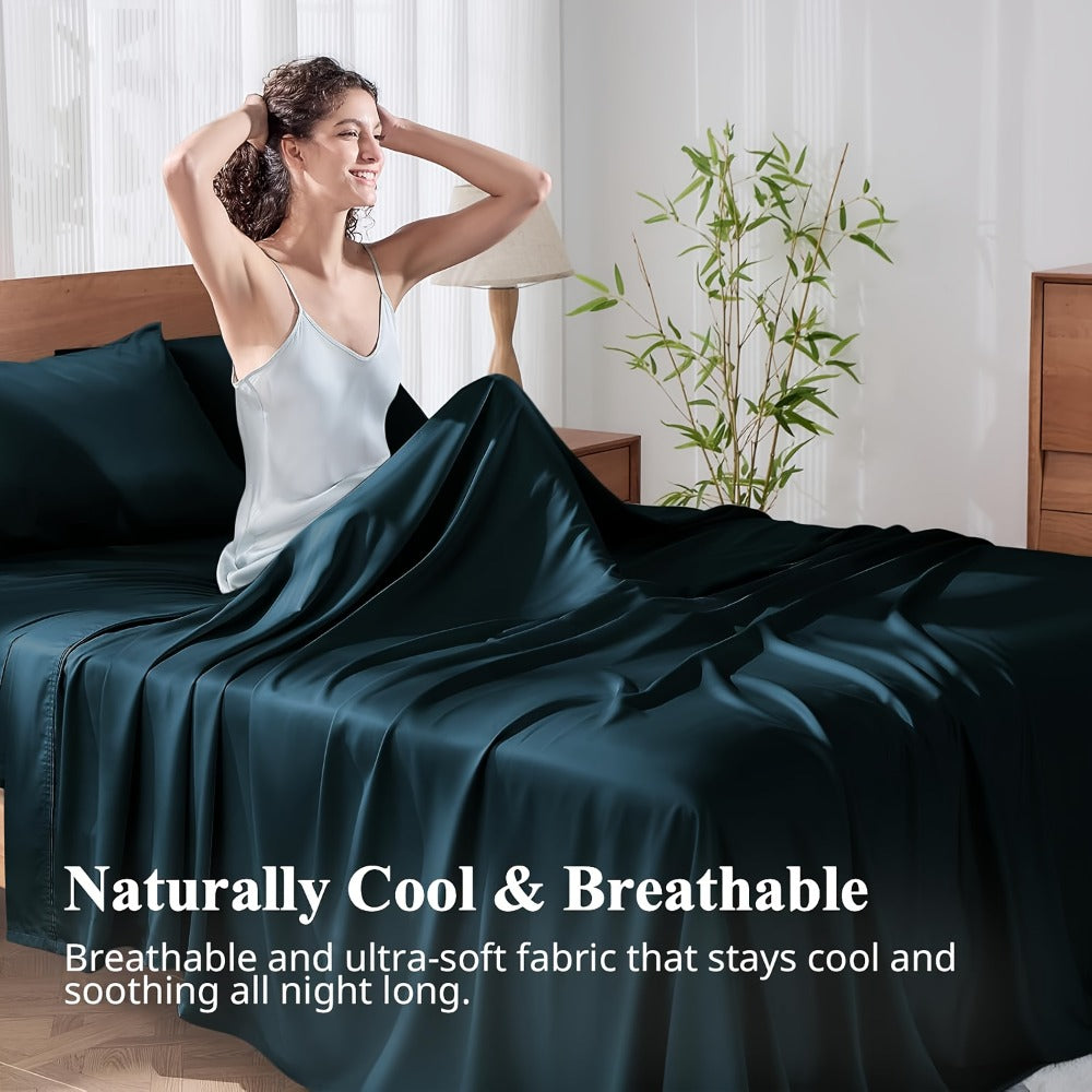 Bamboo Cooling Bed Sheet Set 4pcs Extra Deep Pocket Breathable Fitted Sheet Flat Sheet Pillowcases for Hot Sleepers Twin Full Queen King