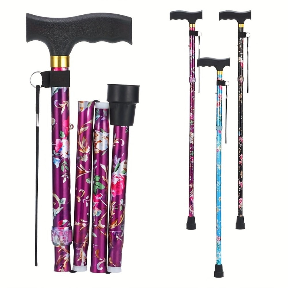 Foldable Walking Cane for Seniors Adjustable Height Folding Stick with Wrist Strap T-Handle Printed Design Portable Lightweight Mobility Aid Gift for Parents