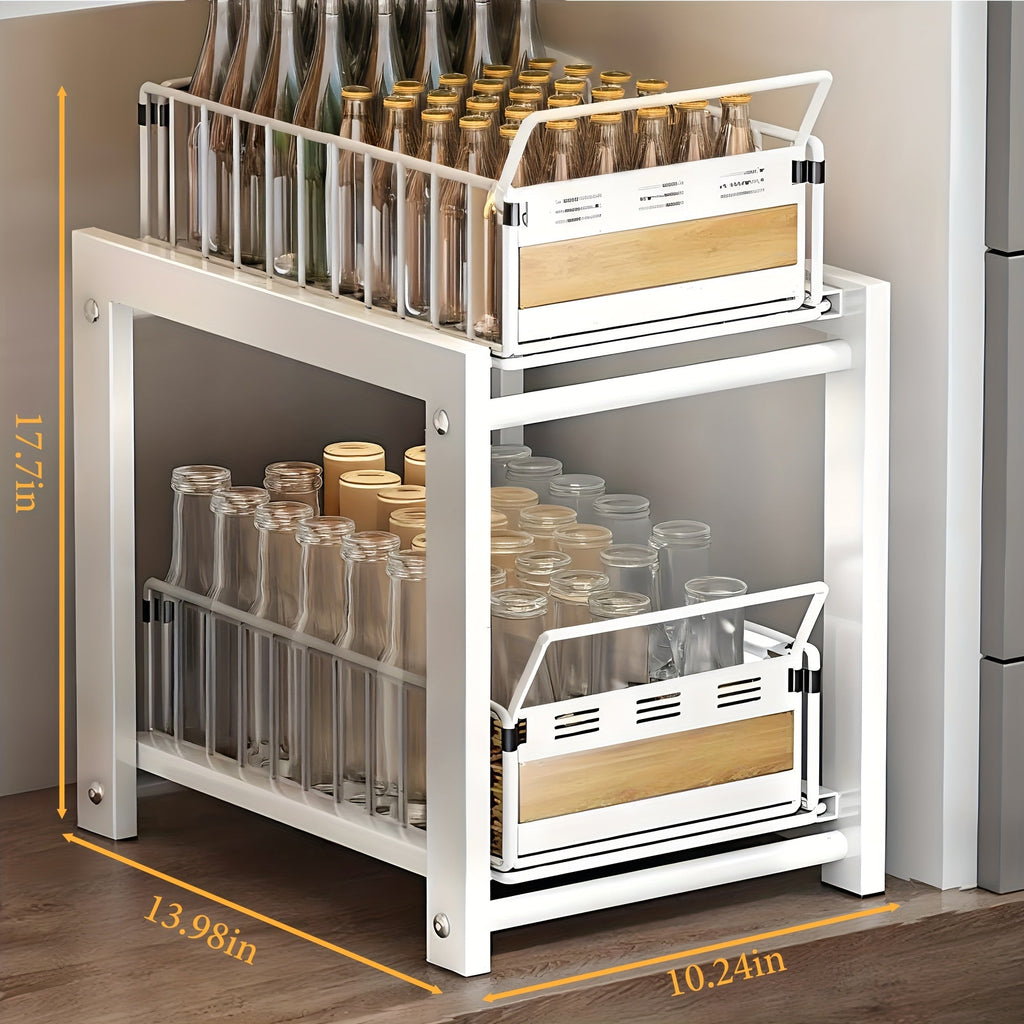 Under Sink Organizer Pull-Out Storage Rack - 2-Tier Carbon Steel Cabinet Shelf with Wire Baskets & Wood Accents, Space-Saving Kitchen Organizer for Dishes, Cleaning Supplies, Pantry, Bathroom