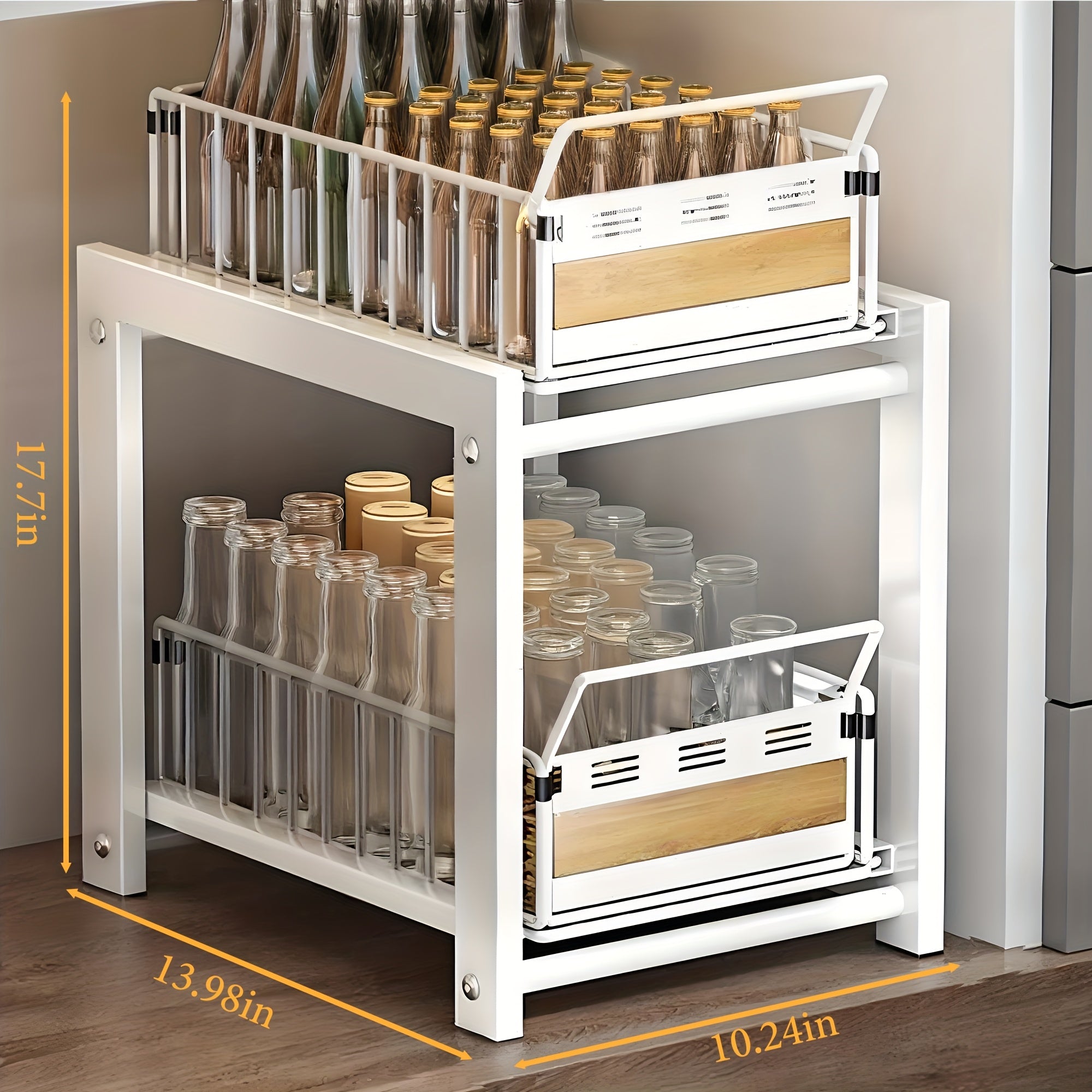 Under Sink Organizer Pull-Out Storage Rack - 2-Tier Carbon Steel Cabinet Shelf with Wire Baskets & Wood Accents, Space-Saving Kitchen Organizer for Dishes, Cleaning Supplies, Pantry, Bathroom