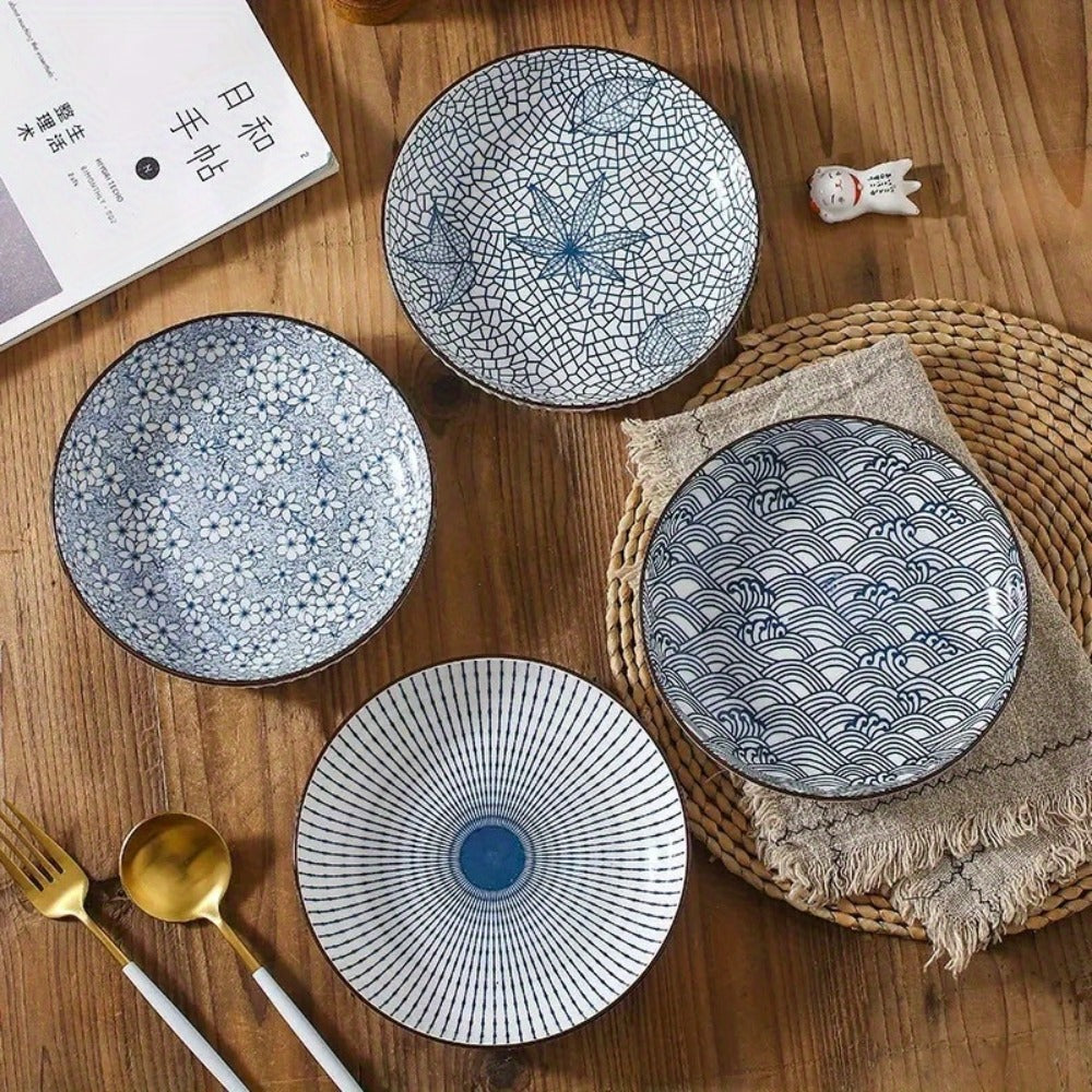 Japanese Ceramic Plates Set of 4 ¨C Floral Yamada Pattern Dinnerware, 7-Inch Round Serving Plates with Non-Slip Edge, Underglaze Color, Nordic Style Steak & Salad Dish