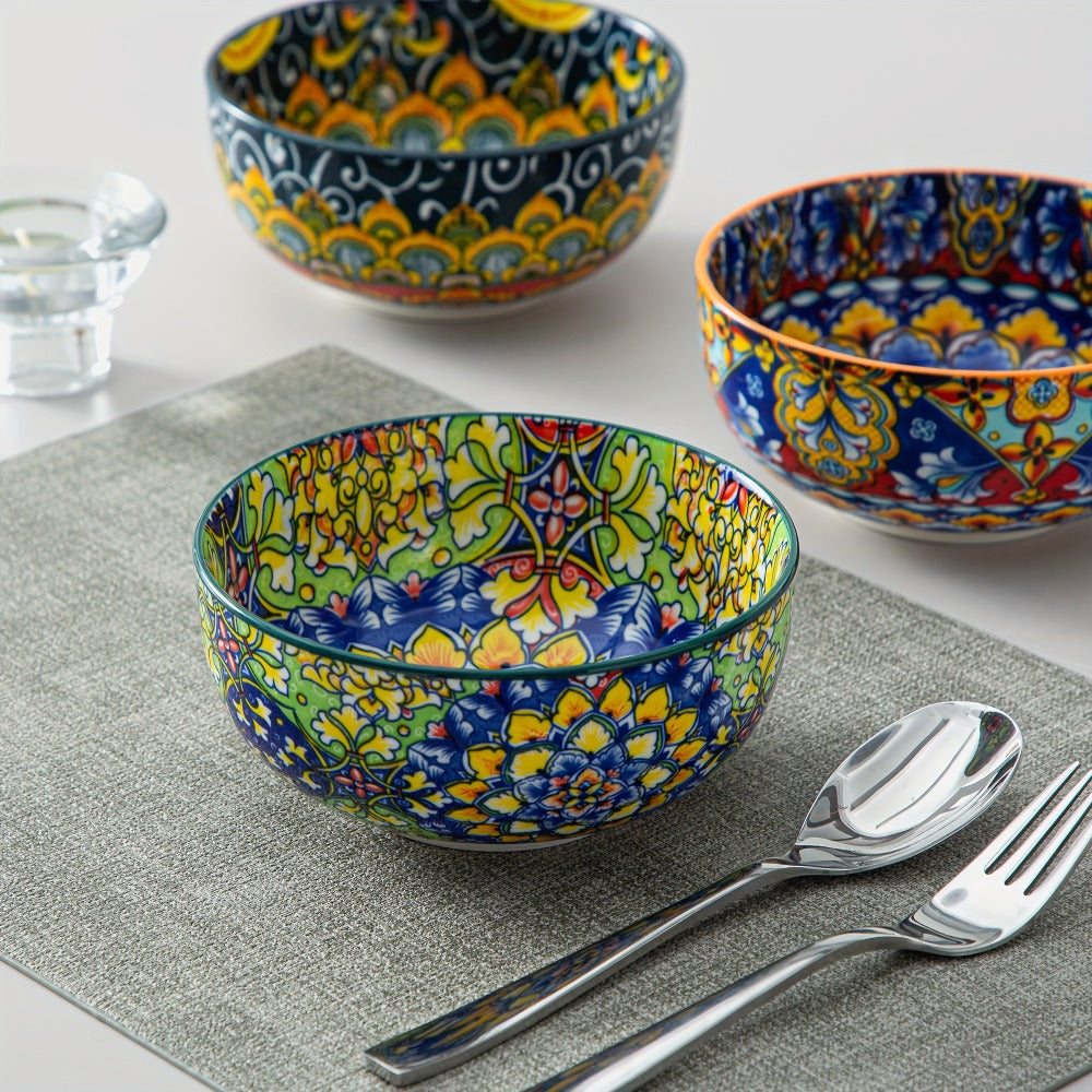 Cereal Bowl Set of 6 Bohemian Style 26oz ¨C Colorful Ceramic Bowls for Cereal Soup Oatmeal Salad Ice Cream Pasta Microwave Dishwasher Safe Boho Kitchen Decor Gift for Home