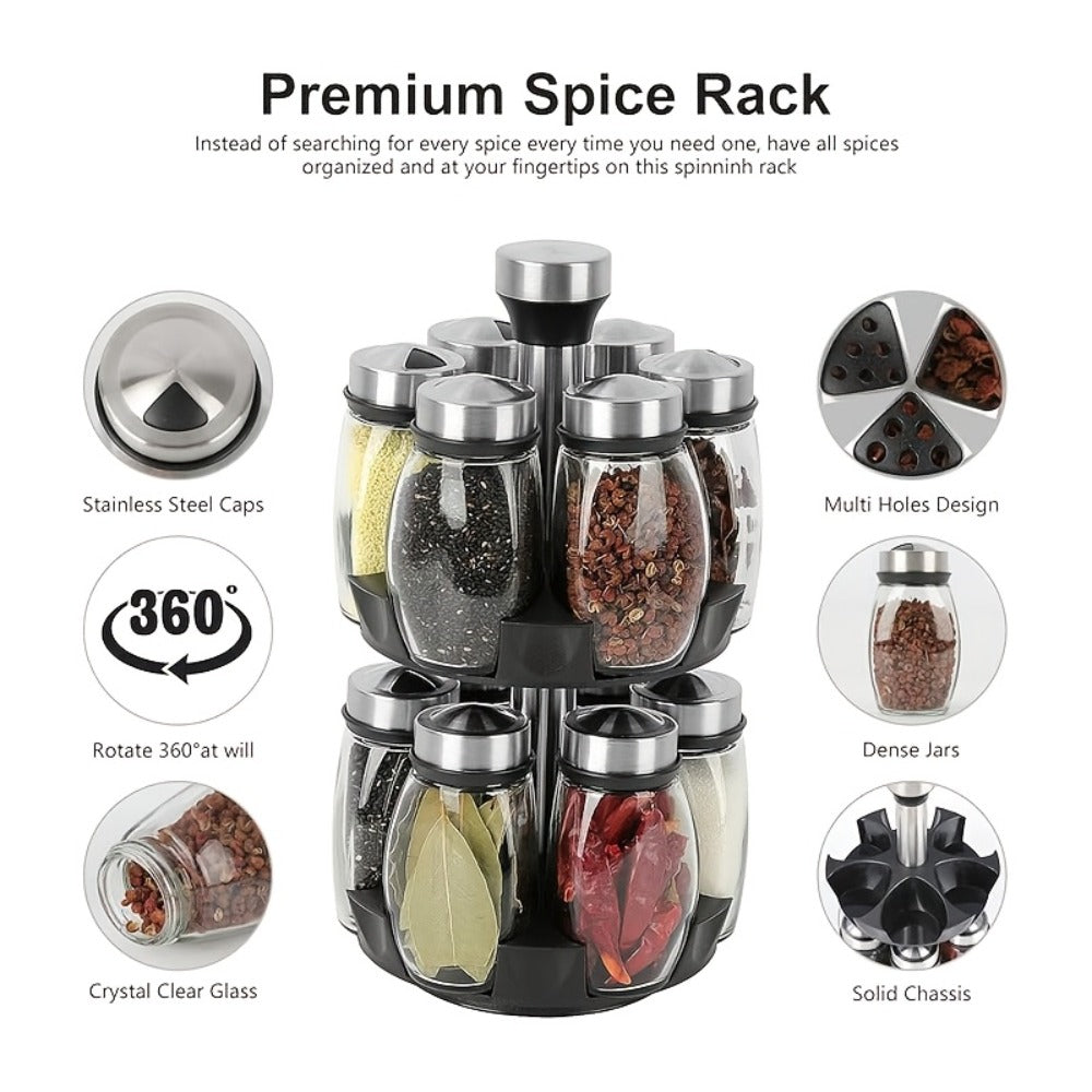 Glass Spice Jar Set with Rotating Rack ¨C Airtight Kitchen Spice Organizer with 360¡ã Stainless Steel Stand ¨C Food Grade Glass Seasoning Bottles for Pantry, Cabinet & Countertop Storage ¨C 6 or 12 Piece