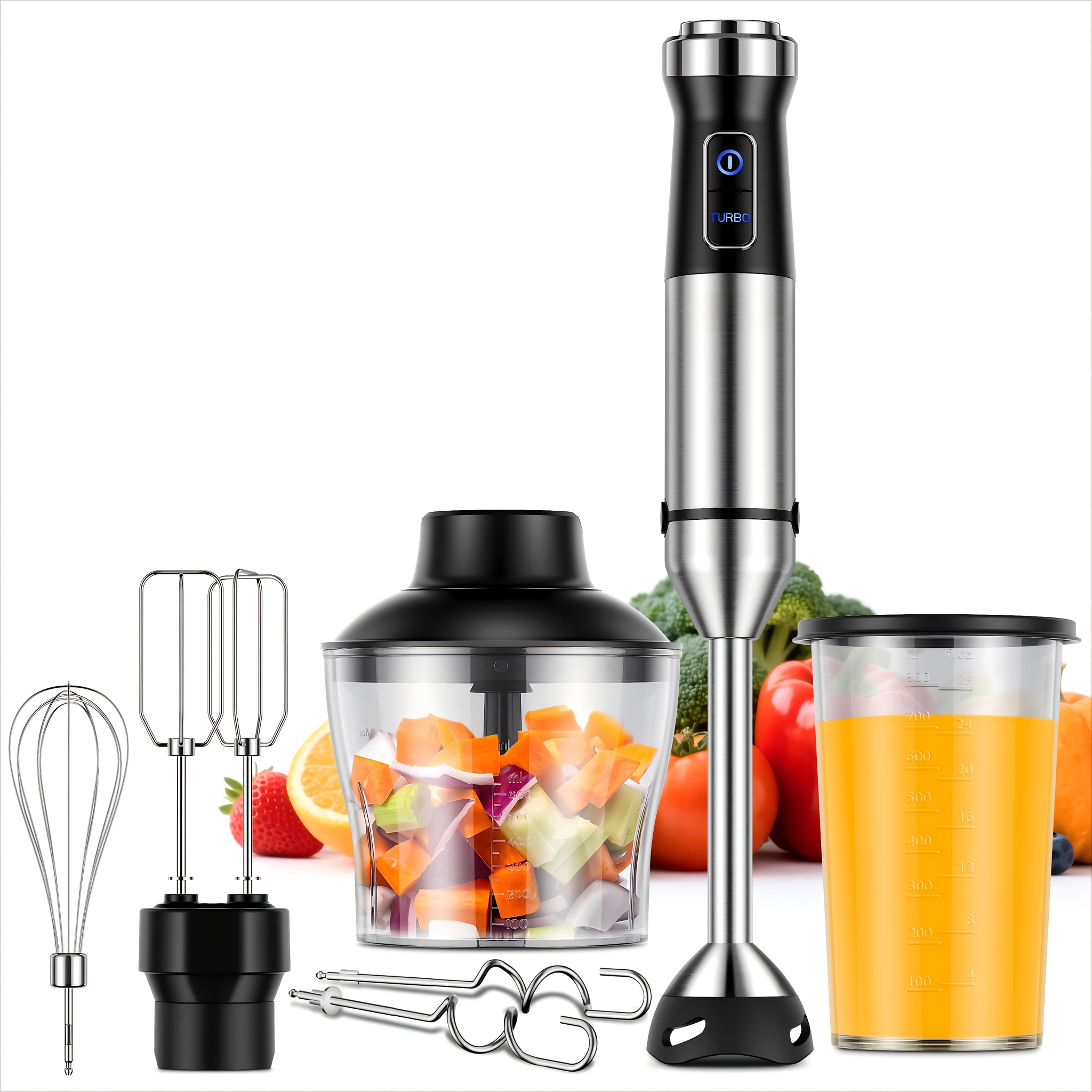 Immersion Blender Handheld 6-in-1 & 7-in-1 1000W 20-Speed Turbo ¨C Titanium Blades BPA-Free with Dough Hooks Egg Beater Whisk Beaker & Chopper | Scratch-Resistant Hand Blender Kitchen Appliance