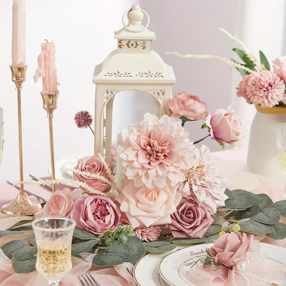 Pink Rose Dahlia Faux Flowers Box - Realistic PE Foam Artificial Flowers with Wire Stems for Wedding Bridal Bouquet Home Decor Table Arrangement Party Cake Baby Shower Birthday Decoration