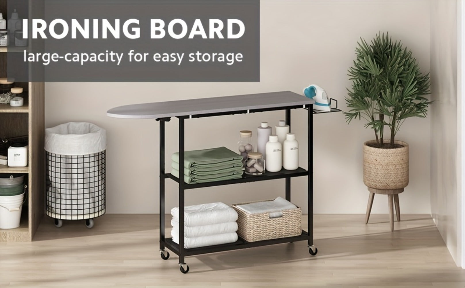 3-Tier Ironing Board Cart with Wheels ¨C Rolling Laundry Station with Multi-Layer Storage Shelves for Living Room, Bedroom & Outdoor Use