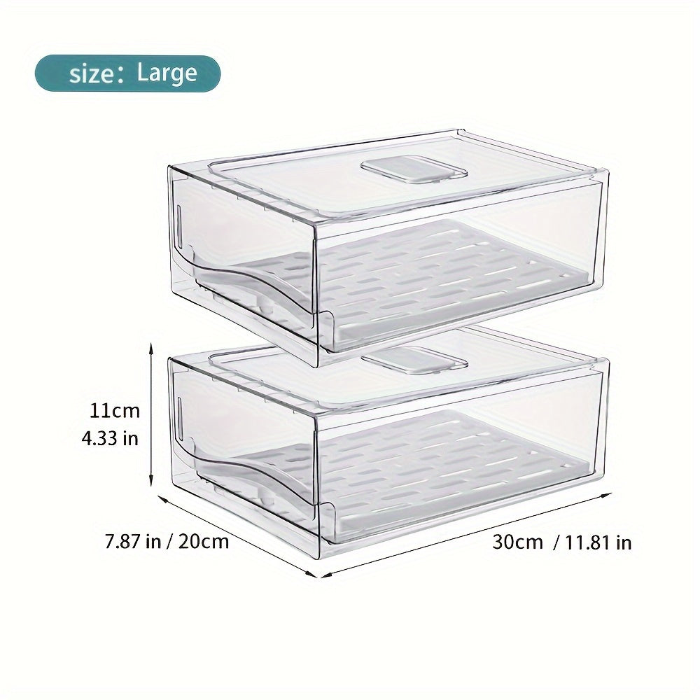 Stackable Fridge Organizer Bins with Drawer, BPA-Free Refrigerator Storage Containers with Drain Board & Ventilation, Clear Food Storage Bins for Kitchen Pantry Freezer, Set of 2