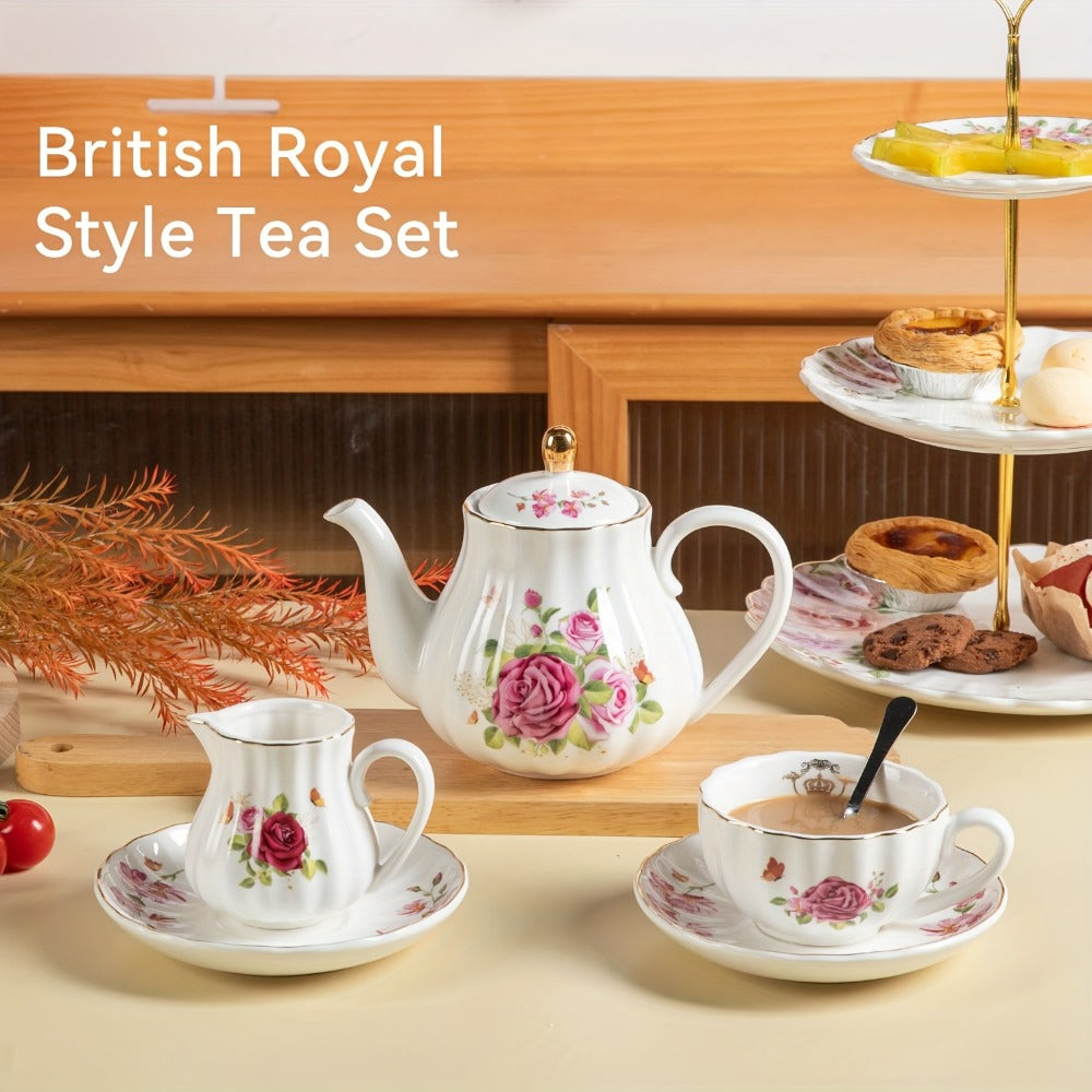 Porcelain Tea Set Service for 6 British Royal Floral Design with Teapot Sugar Bowl Cream Pitcher Teaspoons Tea Strainer 8oz Cups Saucers for High Tea Wedding Party Gift