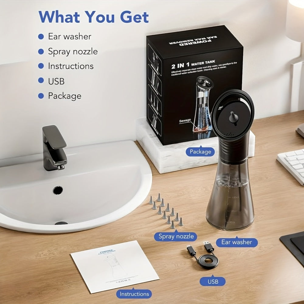 Ear Wax Removal Kit Electric Hydraulic Pro ¨C 3-Speed Water Flushing Ear Cleaner with Temp Sensor, Visual Waste Tank, USB Rechargeable, Nozzle Belt, Medical-Grade Safe Home Ear Care System