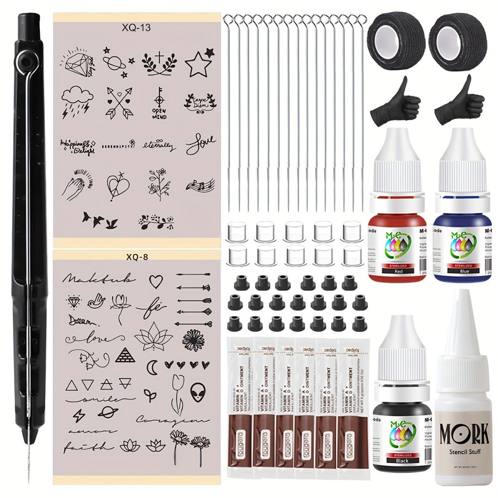 Hand Poke Tattoo Kit Complete 3D Body Art Stick and Poke Pen Set with Ink Needles and Guide for Beginners to Experts Professional DIY Tattoo Supplies Safe Home Use