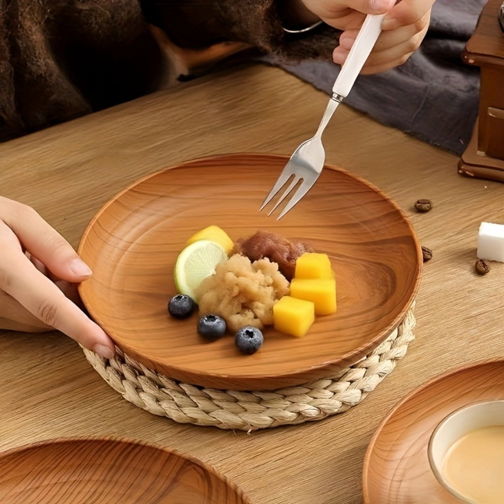 10pcs Wood Grain Dinner Plates Set - Round Striped Plastic Serving Trays for Home Kitchen Dessert Shop Restaurant | Fruit Tray Tea Tray Cake Plate Snack Dish