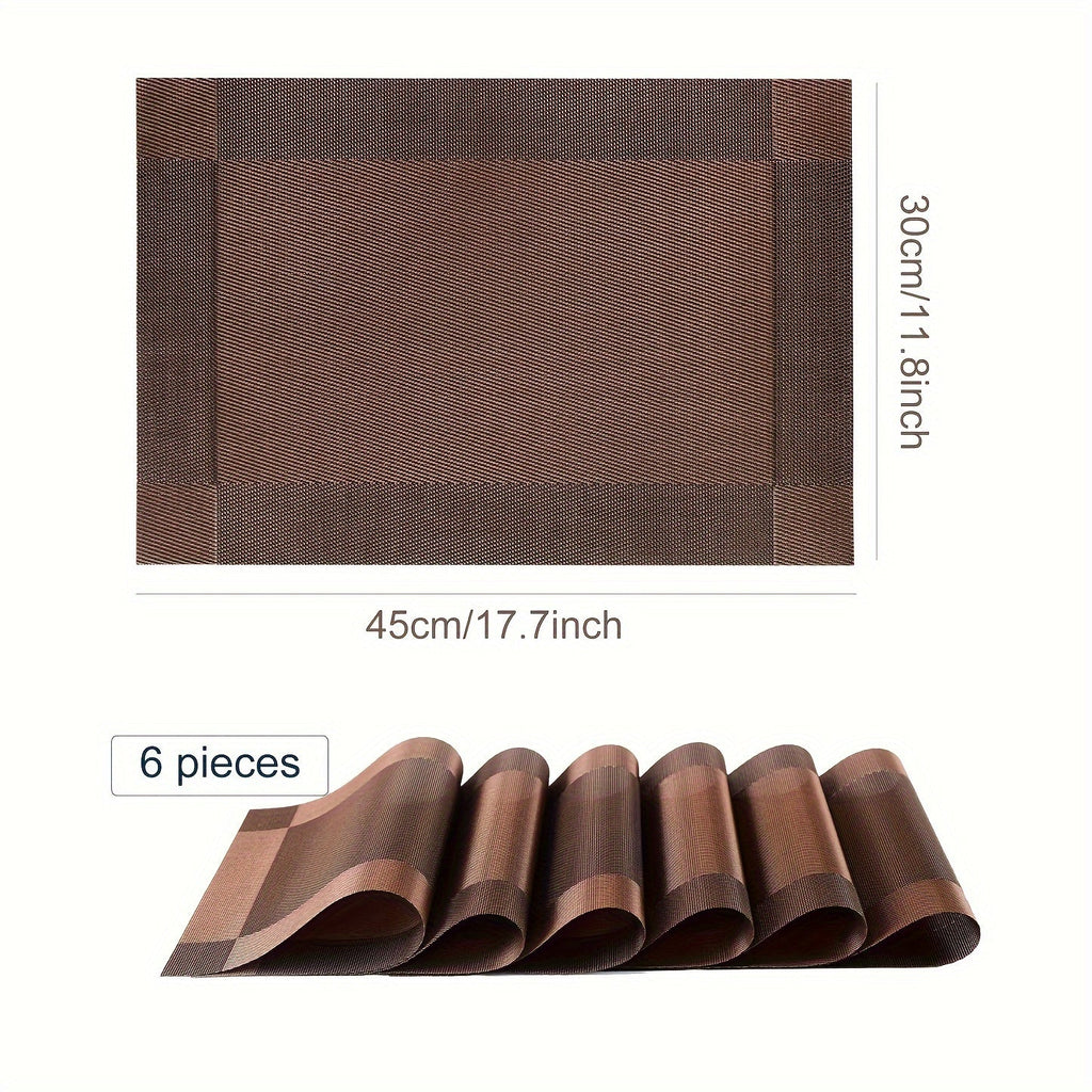 PVC Placemats Set of 6 Heat Resistant Non-Slip Washable Table Mats for Kitchen Dining Table, Easy Clean Vinyl Dinner Mats 11.8x17.7 Inch (Golden, Brown, Silver)