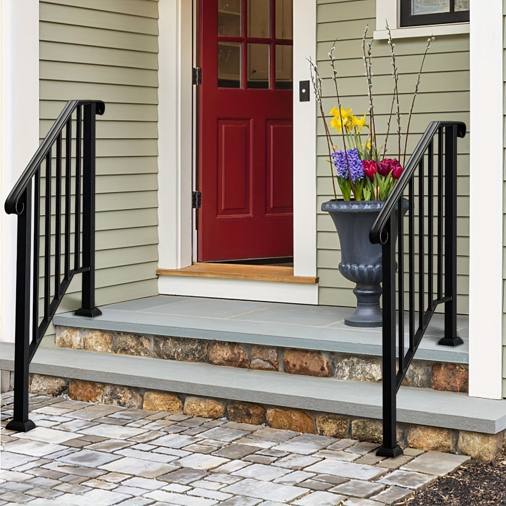 Wrought Iron Stair Handrail for 2-3 Steps - Matte Black & White Powder Coated Iron Picket Railing with Stainless Steel Post Mounts, Indoor Outdoor Home Safety Grab Bar & Accessibility Rail