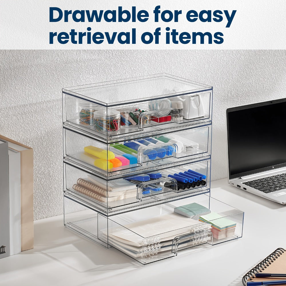 Clear Stackable Desk Drawer Organizer, Acrylic Plastic Storage Bins for Office Desk Organization, Transparent Drawer Divider Bins for Home, Studio & Vanity Table, 2 or 4 Pack Wide Organizer Trays