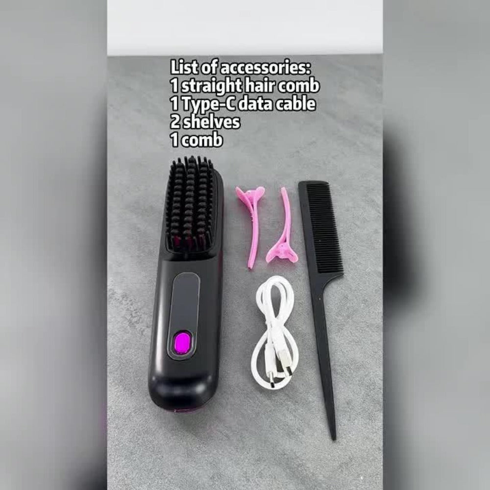 Portable Wireless Hair Straightener Comb USB Rechargeable 3-Speed Temp Control Negative Ion LED Display Lightweight for Travel