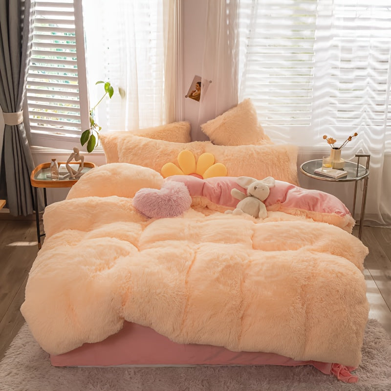 Velvet Duvet Cover Set Fluffy Plush Bedding Minimalist Solid Color, Carved Velvet Quilt Cover with Pillow Shams, Soft Cozy Bedroom Essentials Twin Full Queen King, Black Beige Grey Pink Purple Blue Red Yellow