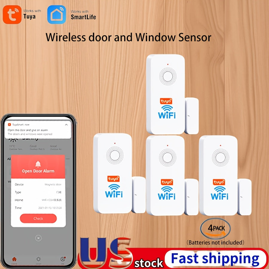 WiFi Door and Window Sensor 4-Pack, Tuya Smart Home Security Alarm System, No Hub Required, App Control, Compatible with Alexa & Google Home