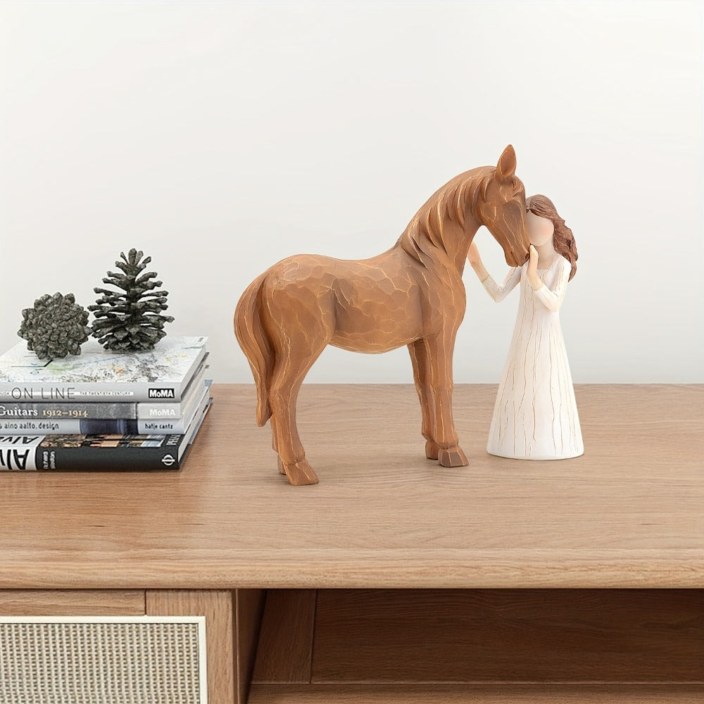 Horse Figurine Gift for Girls Women Hand-Painted Resin Girl with Horse Sculpture Cowgirl Equestrian Decor Ornament for Home Shelf Tabletop Birthday Christmas Valentine Gift Horse Lover