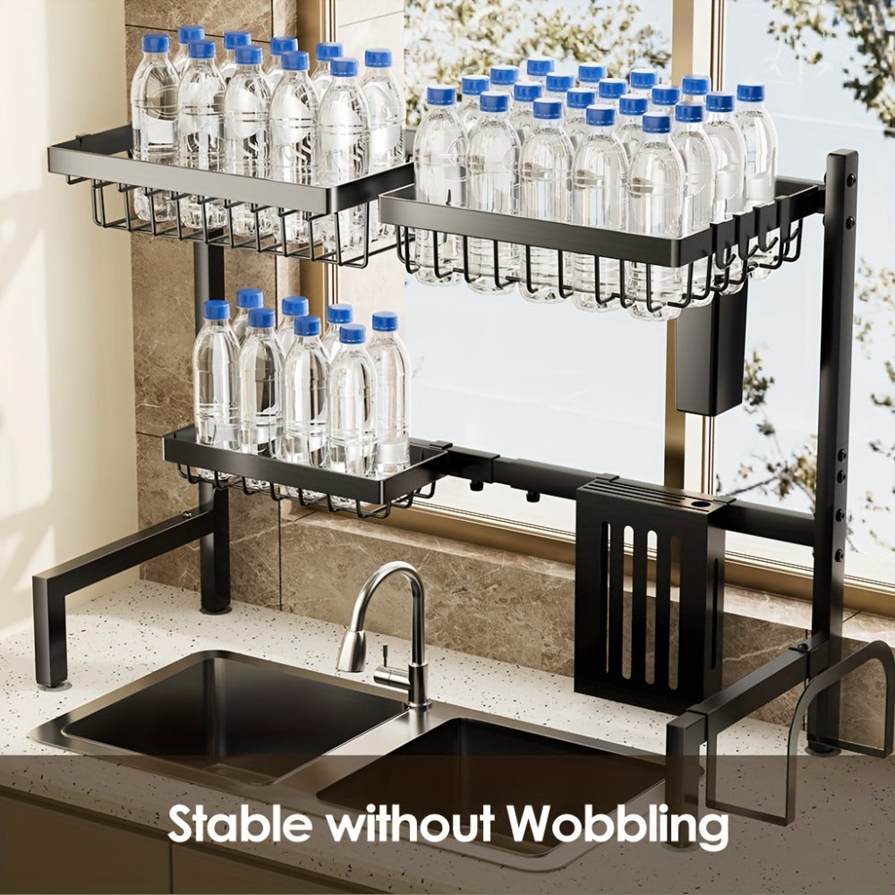 Over-the-Sink Dish Drying Rack Expandable 2-Tier 304 Stainless Steel Adjustable 30-34 Inch with Utensil Holder Knife Holder Cutting Board Holder and 5 Hooks for Kitchen