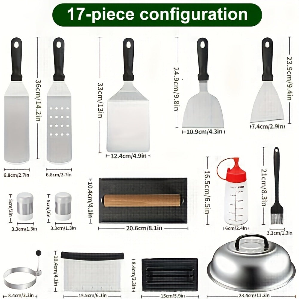 BBQ Grill Tool Set 8/17pcs ¨C Teppanyaki Meat Press & Barbecue Accessories for Outdoor Camping, Kitchen & Parties