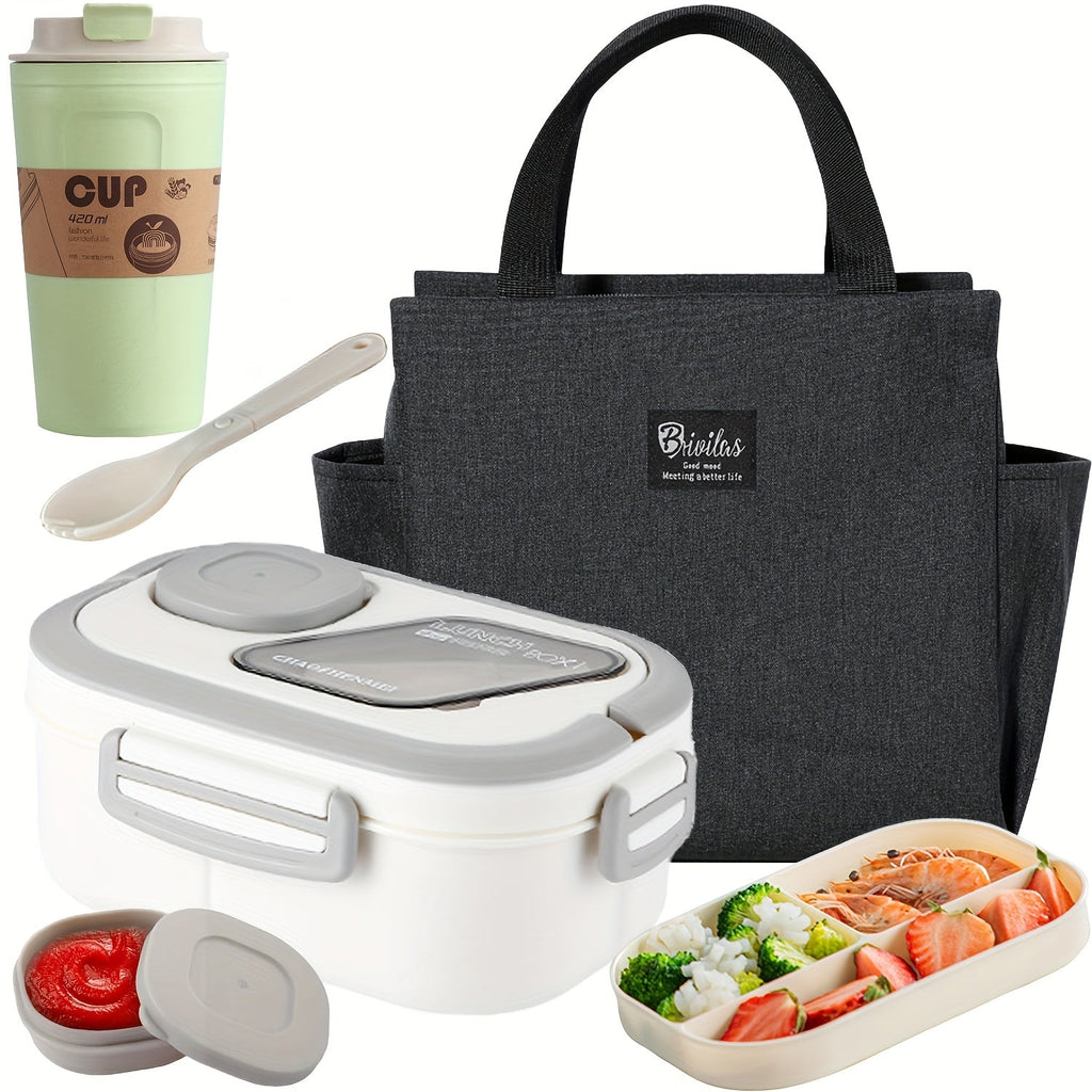 2-Layer Bento Lunch Box Set with Cup and Meal Bag - Multi-Grid Lunch Box for School, Office & Outdoor Picnics, Food Storage Container with Milk Cup, Salad Cup, Coffee Cup or Soup Bowl, Pink Blue Green White