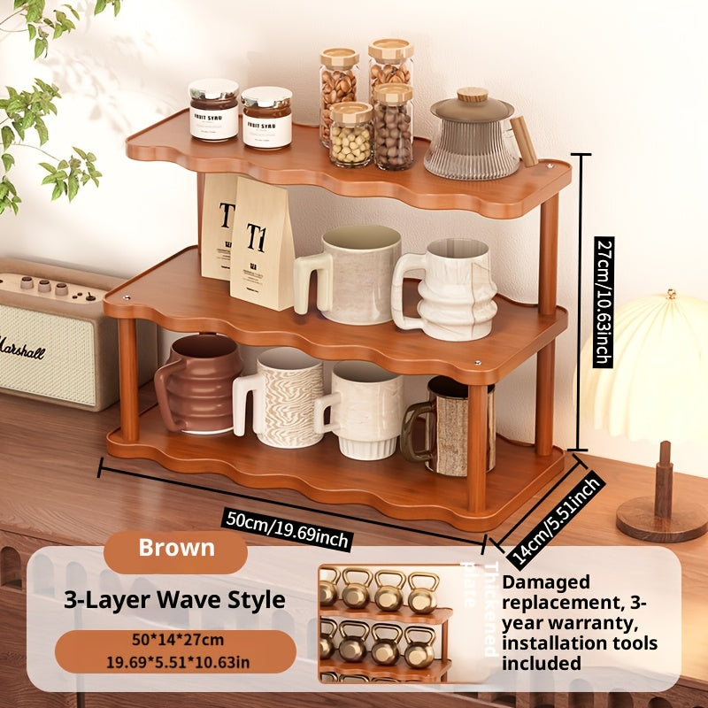 Ladder Cup Holder Rack 2-3 Tier Wave Style | Countertop Organizer for Coffee Mugs Teacups Water Glasses | Kitchen Counter Dining Table Entryway Dessert Display Shelf Brown