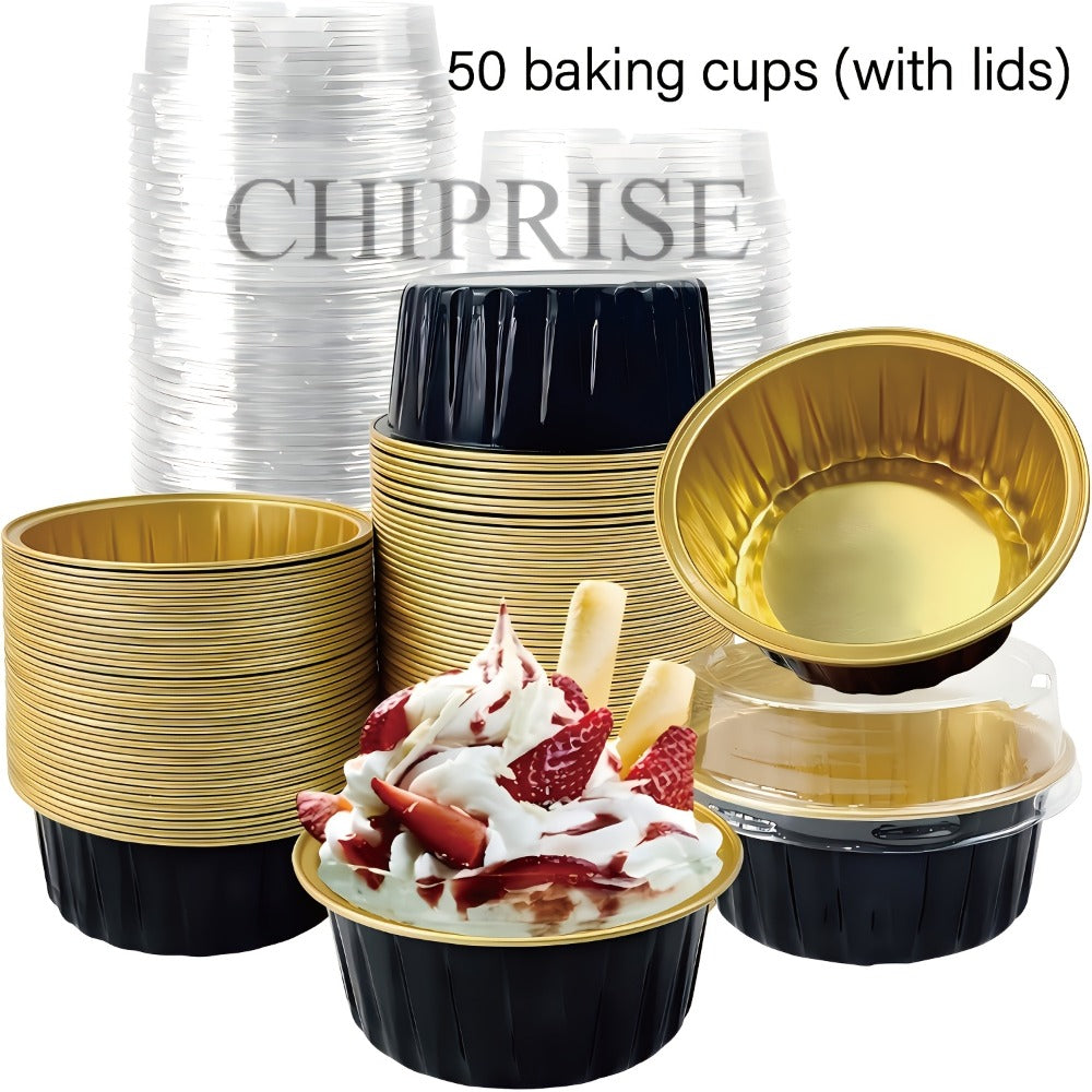 Aluminum Foil Baking Cups with Lids, Disposable Cupcake Molds with Spoons, Oven Safe Foil Dessert Cups for Pudding Muffins Mousse, Party Baking Supplies for Weddings Birthdays, 30 or 50 Sets