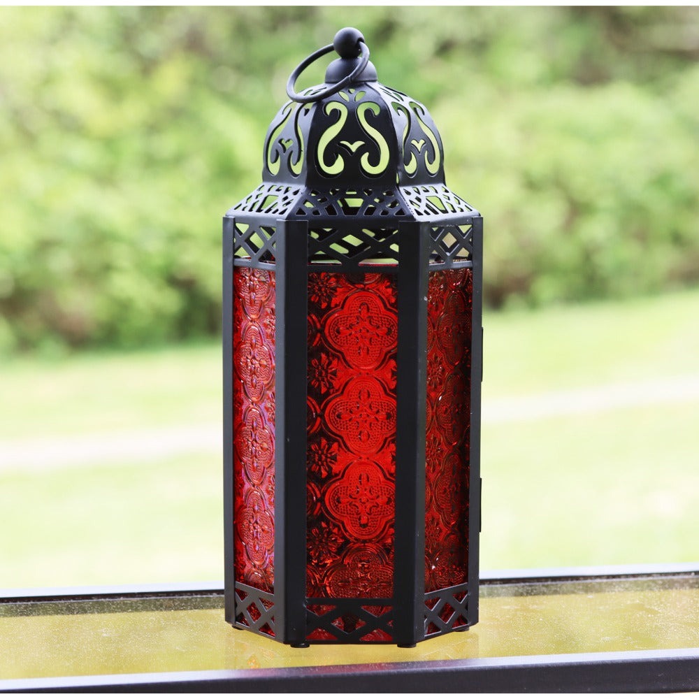 Moroccan Candle Lantern Holder - Decorative Metal & Glass Lantern with Embossed Floral Design for Indoor Home Decor, Garden, Patio, Weddings, Ramadan, Halloween & Holiday Celebrations - 10.5¡± Tall Medium Size