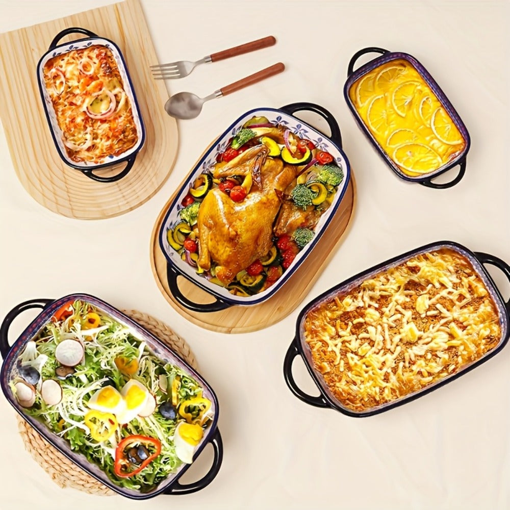 Ceramic Baking Dish Set of 2 Large 13 Inch Rectangular Casserole Dish Porcelain Bohemian Bakeware for Lasagna Roasting Casseroles Oven Safe Red Blue Yellow